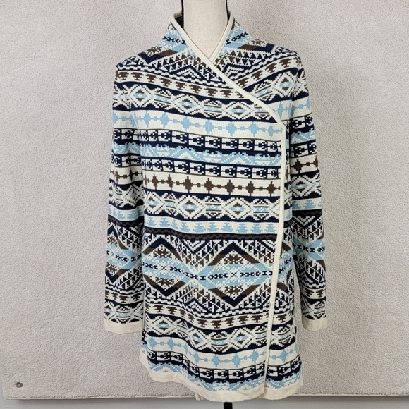 Lucky Brand Blue And Beige Southern Aztec Waterfall Drape Cardigan Sweater Sz M - Picture 3 of 11